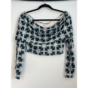 Urban Outfitters Top Large Off Shoulder Teal‎ Geometric Long Sleeve Crop Top B11